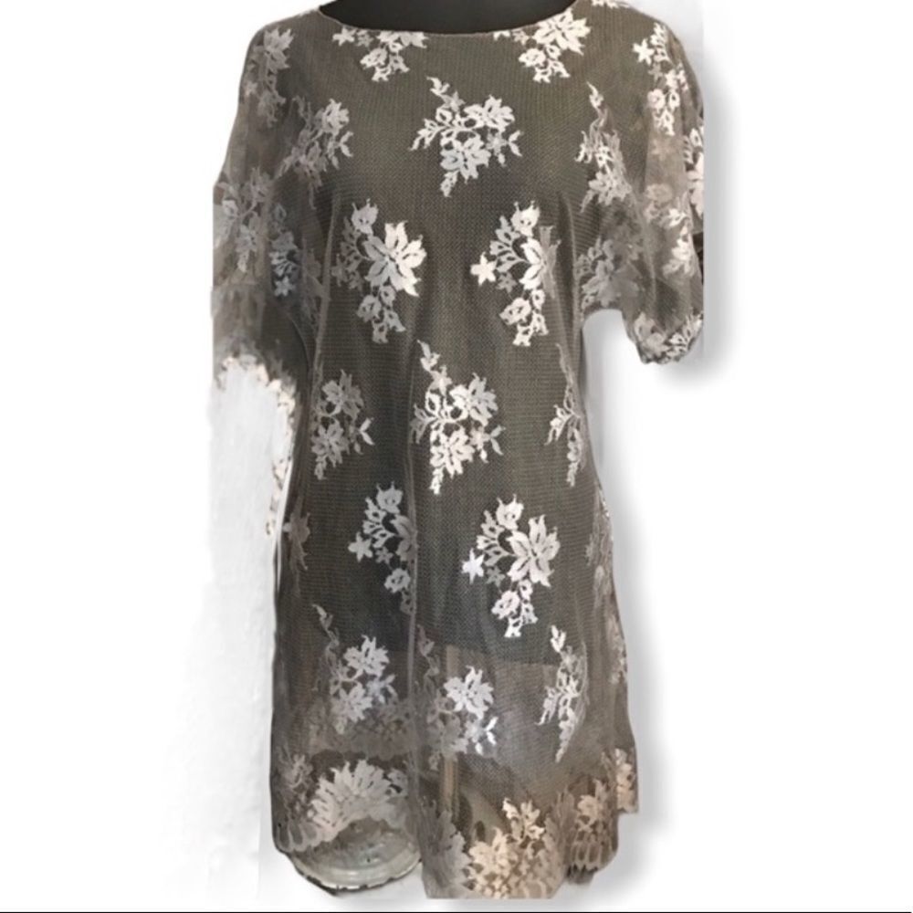 Indah Sheer Gray Floral Lace Dress/Cover-Up